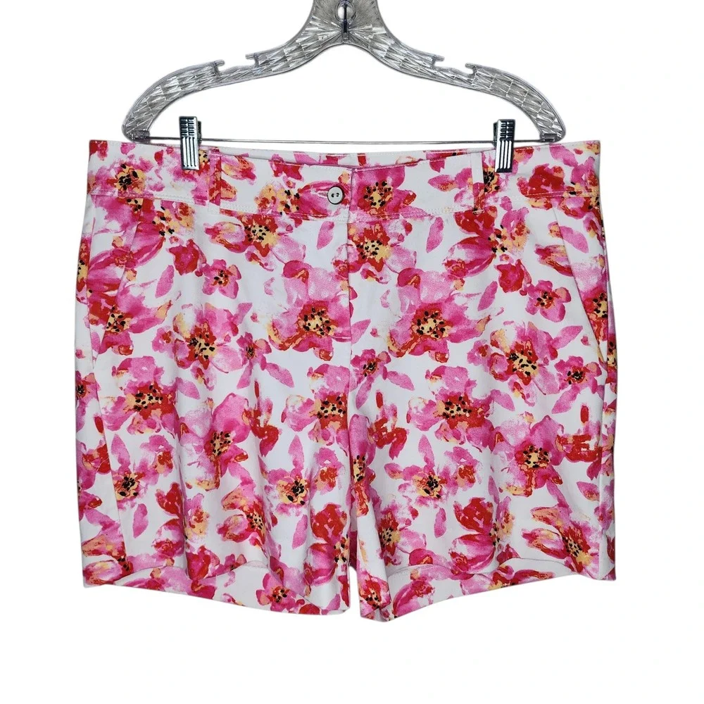 Isaac Mizrahi New York Pink Floral‎ Cotton Blend Stretch Shorts Womens Size 16